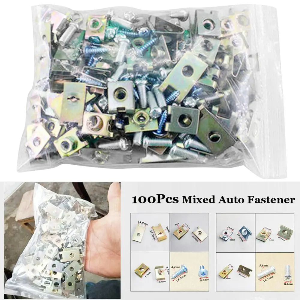 

100Piece Auto Fasteners Car Body Door Panel Trims Fixed Screw U Type Gasket Clips Premium Metal Universal Car Accessories