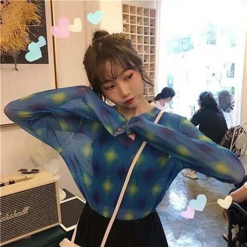long sleeve T-shirt Летняя каваи Сетчатая футболка с длинными рукавами, с цветочным принтом, сексуальная прозрачная пляжная женская футболка, XXL - Цвет: long sleeve T-shirt