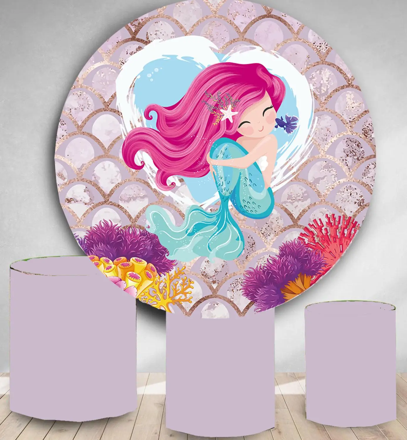 

Little mermaid themed Circle photography backdrop pink blue round photo booth background bay shower birthday party under the sea