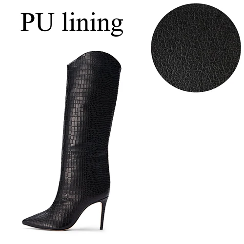 PU lining Черные сапоги до колена г. Женские высокие сапоги на высоком каблуке черного цвета Модная Осенняя обувь с острым носком женская обувь с животным принтом - Цвет: PU lining