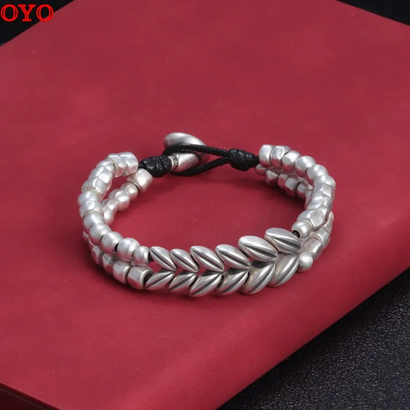 999 sterling silver wheat ear bracelet personalized hand-woven leather rope wax rope irregular bubble beads bracelet