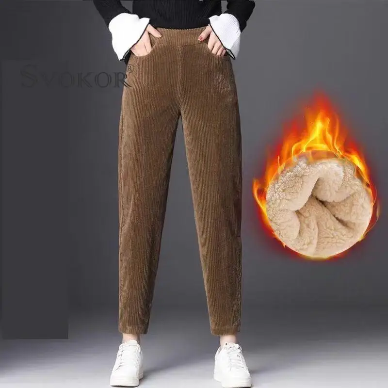 

SVOKOR Winter Pants Corduroy Warm Women Pants High Waist Loose Casual Plus Velvet Solid Trousers Thick Female Harem Pants