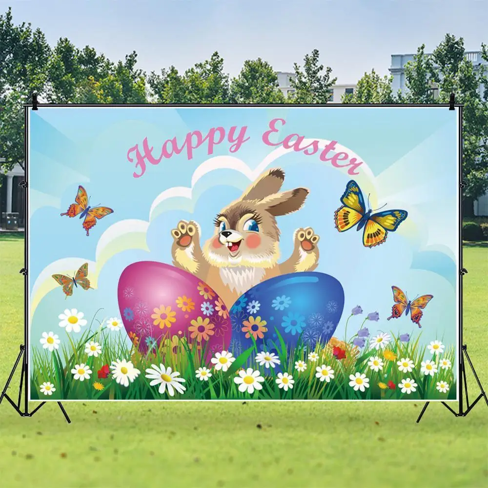 

Happy Easter Backdrop Blue Sky Spring Flowers Photo Background Cartoon Bunny Rabbit Eggs Photography Backdrop Home Party Decor