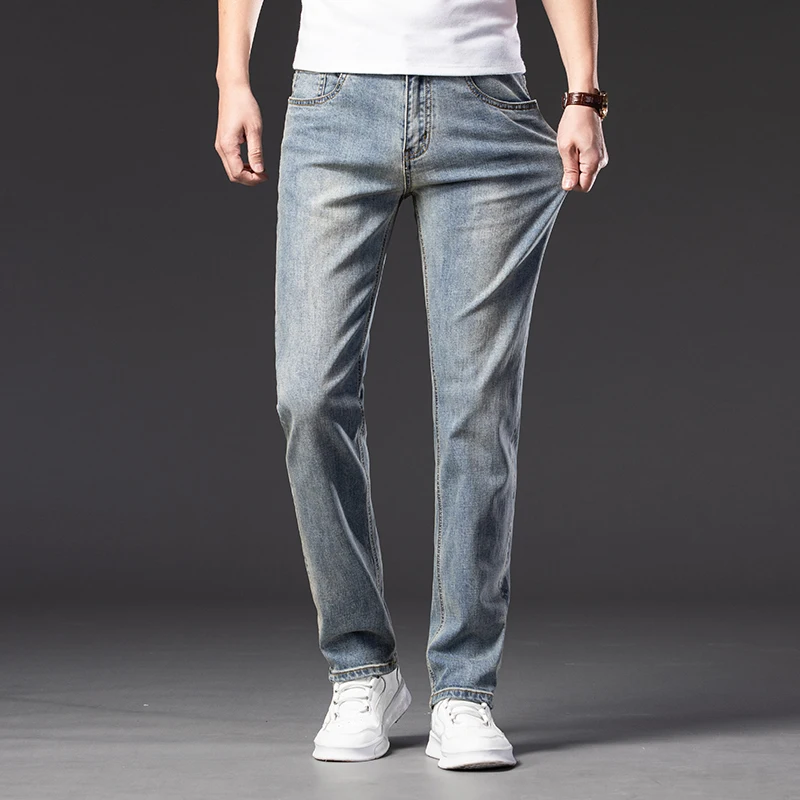 Новинка весна осень 2021 мужские синие эластичные джинсы стандартного кроя в стиле