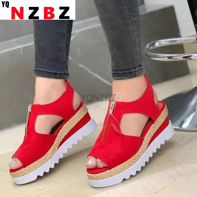 

Ladies Sandals Thick-soled Open Toe Increased Roman Shoes 2021 Summer New Style ZIP Suede Wedge Sandals Women Zapatillas Mujer