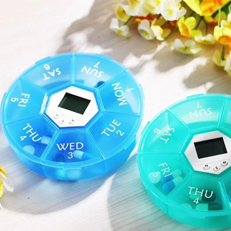 

7 Grids Pill Box Electric Reminder Timer Alarm Weekly Round Organizer Medicine Case