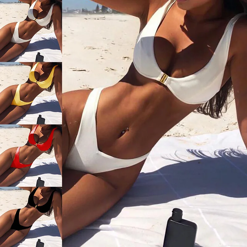 

New Bikini Sexy Women's Swimsuit Solid Color Split Swimsuit Swimsuit Bra Thong Beach Suit Bikini Women