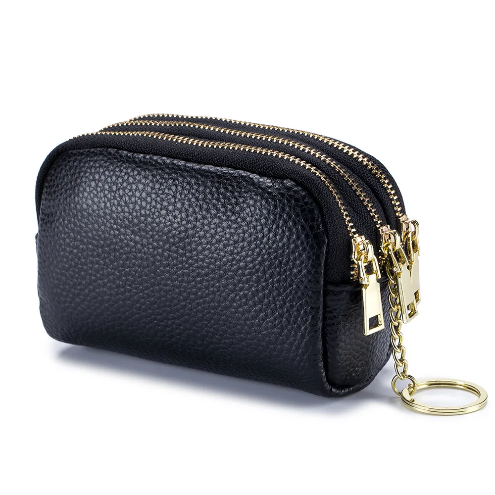 

Women Wallet Genuine Leather Purse Simple Key Ring Coin Purse Multi-Function Money Bag Three Zipper Credit Card Holder