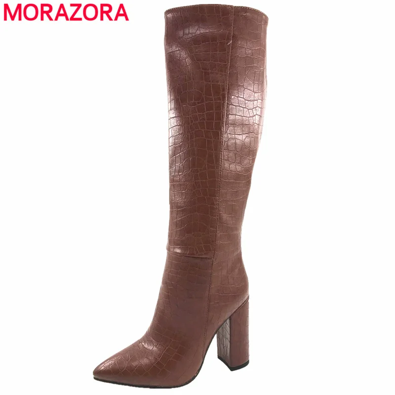 Женские сапоги из искусственной кожи MORAZORA черные на толстом высоком каблуке