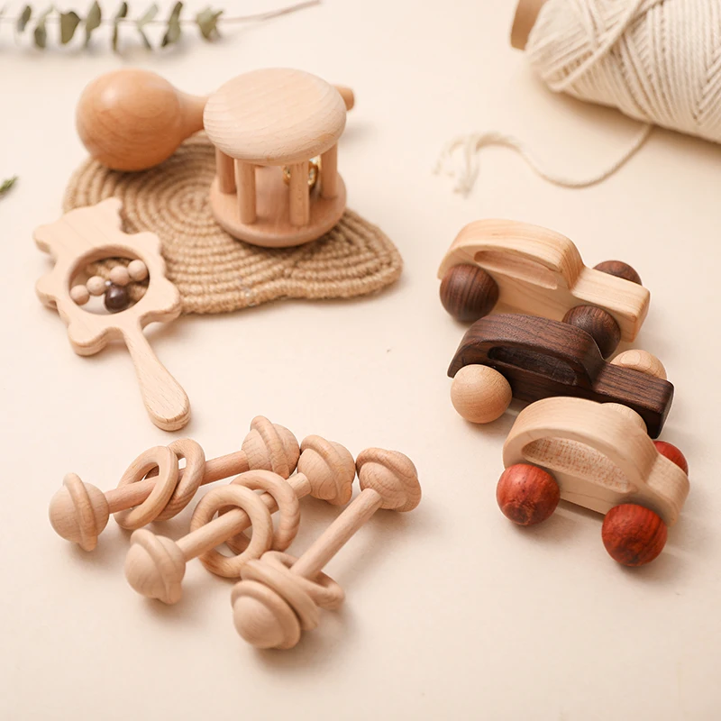 

3pc Wooden Baby Car Toys Beech Wooden Blocks Animal Cartoon Educational Montessori Toys For Children Teething Baby Teether