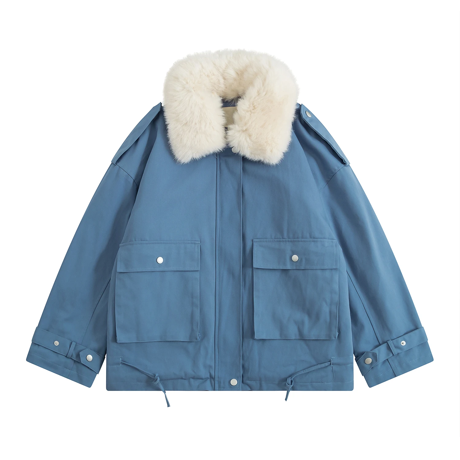 

New Ladies Loose Thick Women's Winter Coats Velvet Lining To Keep Warm Blue Black Faux Fur Collar High Quality Outwear Coats