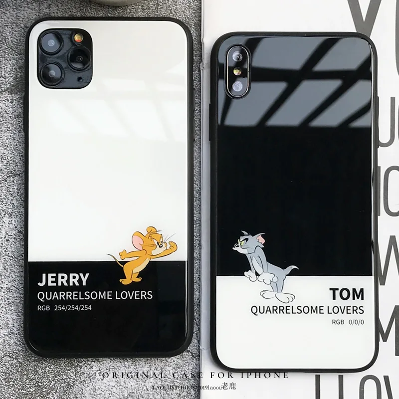 

Cat & Mouse Tempered Glass Phone Case For iPhone11 13 Pro 12 Pro Max XR X 6 7 8 Plus 13 Mini Transparent TPU Soft Back Cover