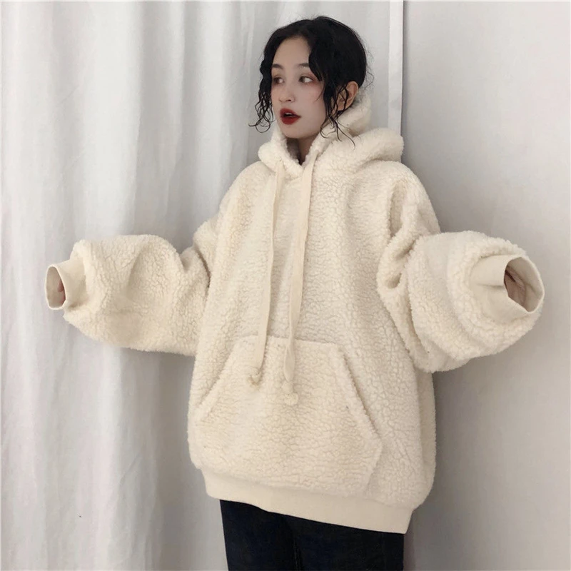 

Women Lamb Plush Warm Ladies Pullover Hoodies Autumn Winter Harajuku Loose Pocket Plus Velvet Thickening Casual Lantern Sleeve