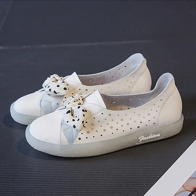 Yiluan/Летняя дышащая новая женская обувь кожаные белые туфли на полой подошве