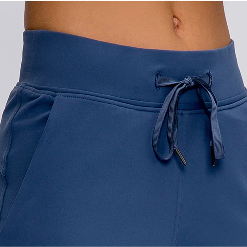 

ESSENTIAL Leisure Nylon Yoga Gym Workout Shorts Women Anti-sweat High Waist Drawstring Running Sport Shorts with Pocket