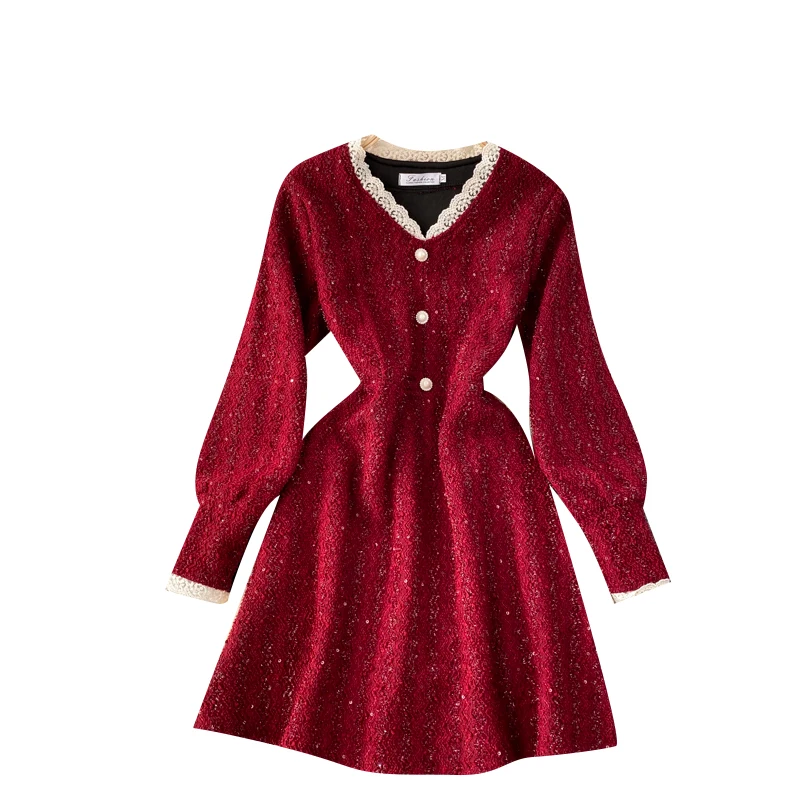 

2020 Spring Autumn Korea Fashion Women Elegant Slim Solid Color V-Neck Long Sleeve Empire Short Party Dress Vestidos J153