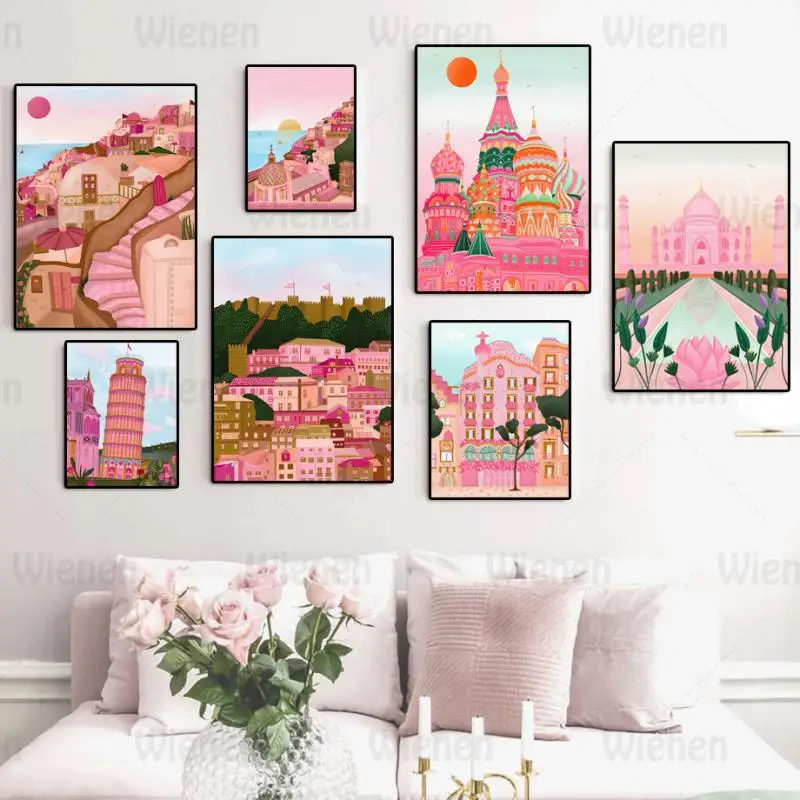 

Nordic Posters and Prints Travel Landscape Italy Positano Pisa Building Pink Moscow Canvas Painting Wall Art Home Decoration