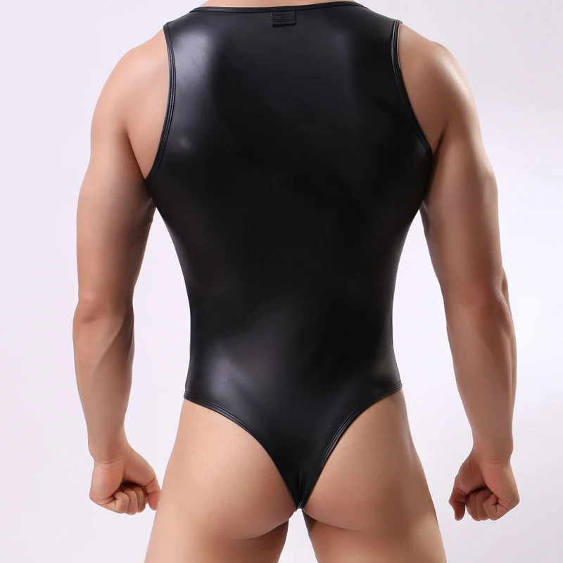 Sexy Men's Faux Leather Bodysuit Boxers Jumpsuits Wrestling Singlets Lingerie Stretch Tight Gay Jockstrap | Мужская одежда