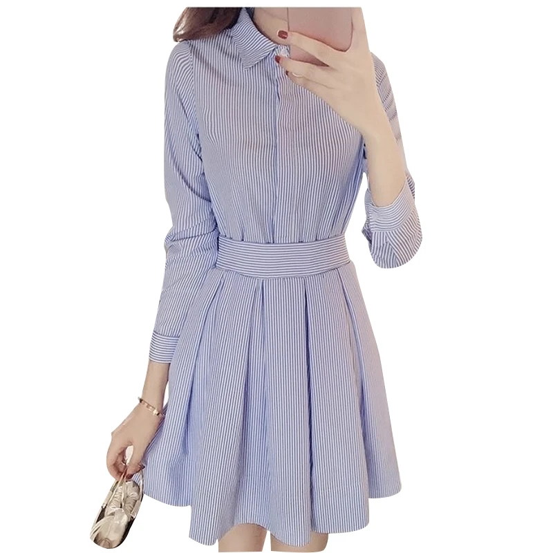 

Women's Spring Autumn Style Dress Women's Elegant Long Sleeve Turn-down Collar Button Striped Bow Korean Dress SS1646