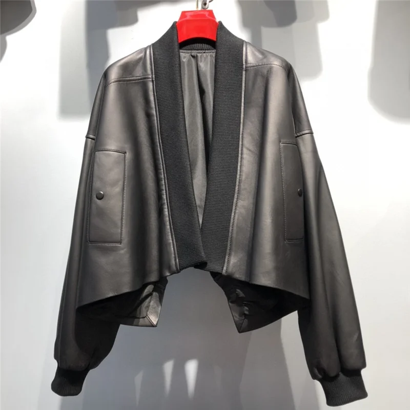 Women's Short Black Motorcycle Jackets Women's Autumn Coats Leather Coat 2022 New Upper And Lower Two-Way Really Leather Jacket