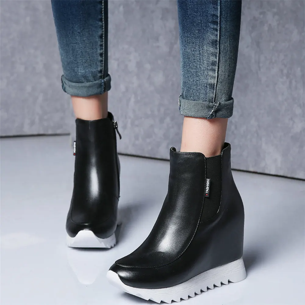 

Winter Warm Casual Shoes Women Genuine Leather Wedges High Heel Motorcycle Boots Female Slip On Round Toe Platform Oxfords Shoes
