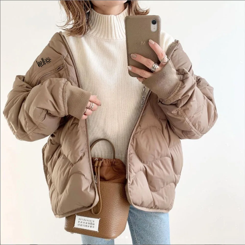 

Модная женская кофейная куртка с хлопковой подкладкой, однотонная свободная утепленная женская куртка средней длины на молнии с длинным ру...