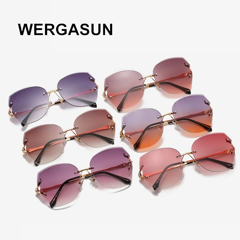 

WERGASUN Oversized Rimless Sunglasses Women Lens Sun Glasses Vintage Brand Designer Sunglass Ladies Oculos De Sol uv400