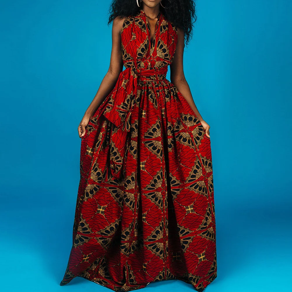 Длинное летнее женское платье с лямкой на шее в африканском стиле высокой талией