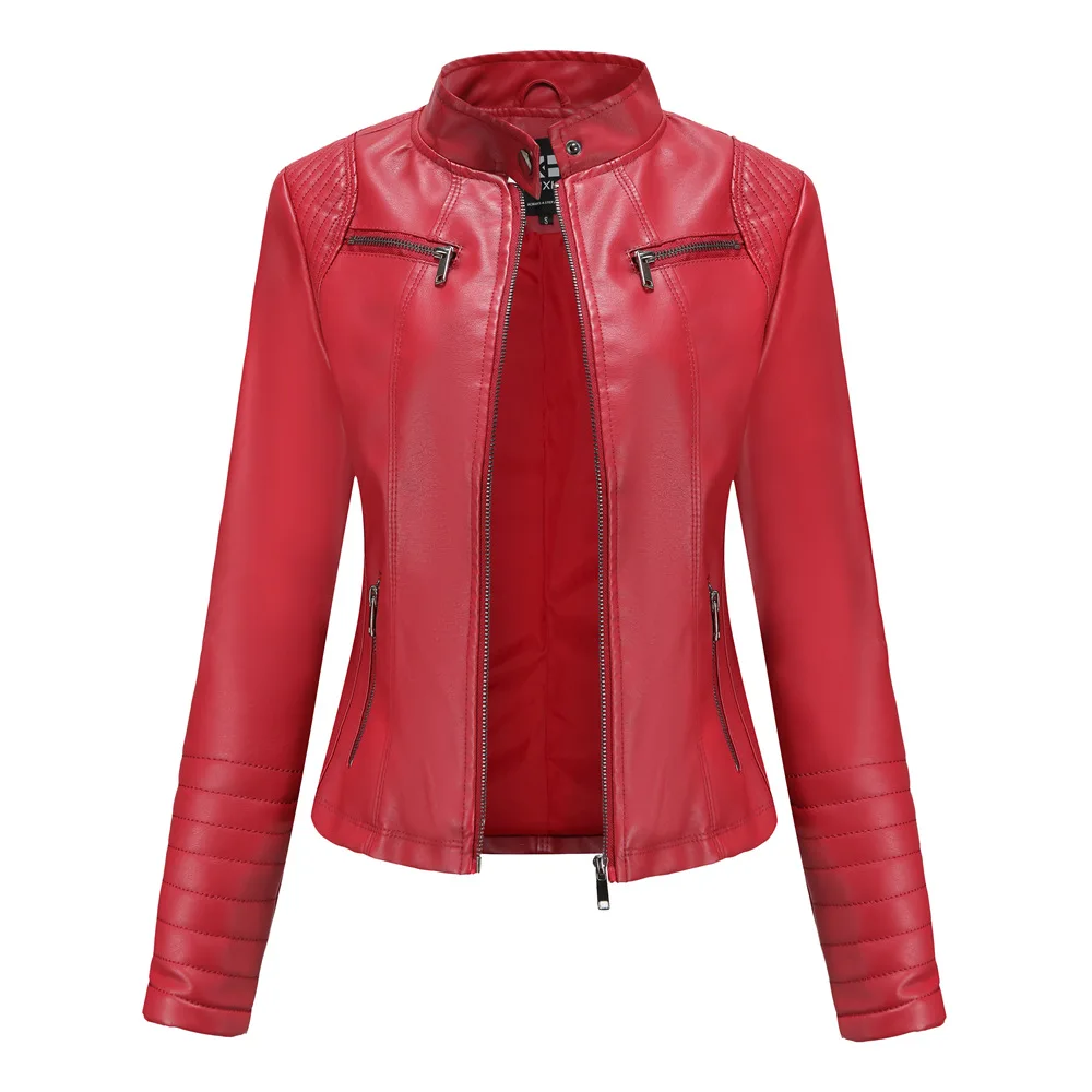Autumn Casual leather jacket  Fall 2020 women  motor biker coat Black Coffee Red outwear PU streetwear