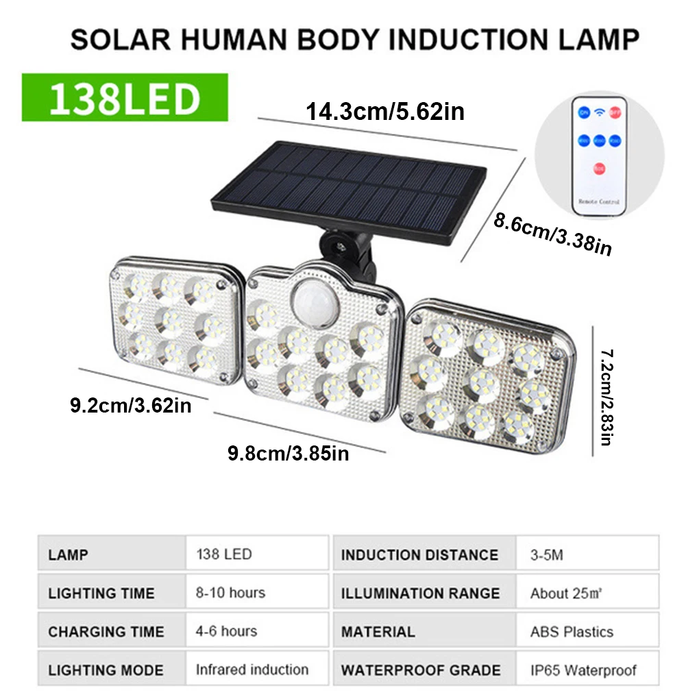 

108 122 138 171 LED Solar Lights Outdoor 3 Head Motion Sensor 270° Wide Angle Illumination Waterproof Remote Control Wall Lamp