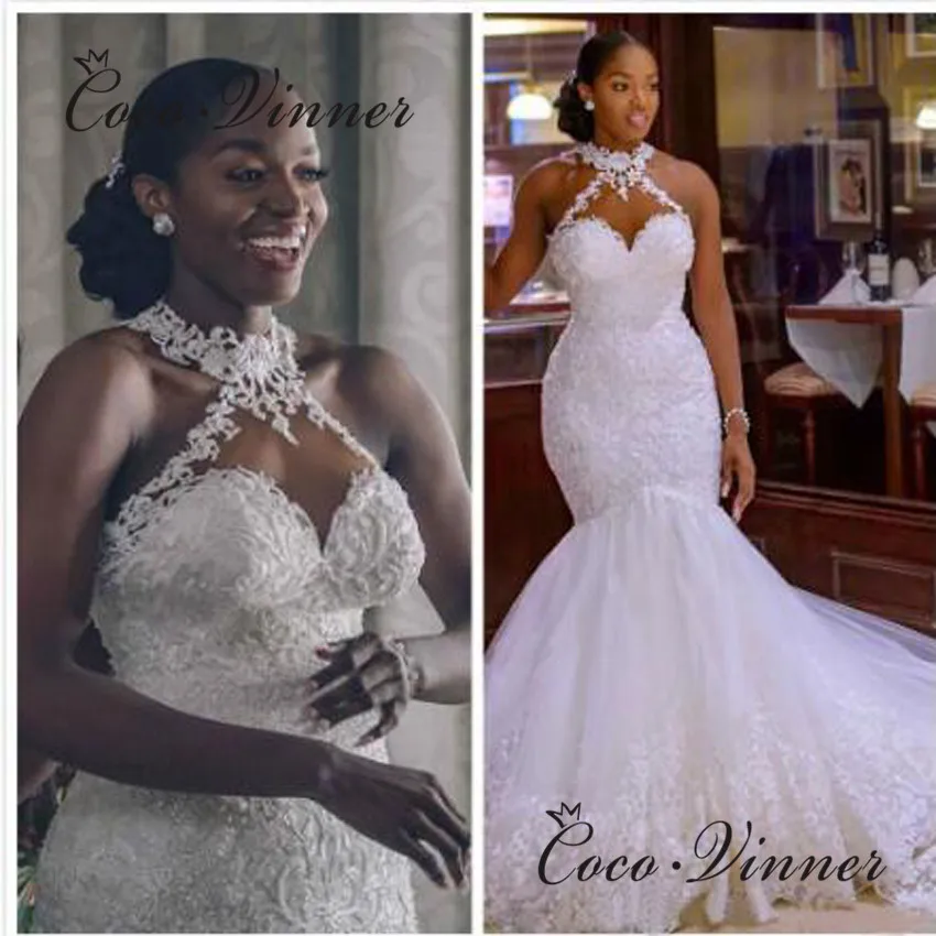 Женское винтажное свадебное платье кружевное с лямкой на шее и юбкой годе