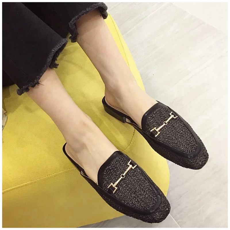 New Fashion Women Mules Slipper Low Heel Slip On Slide Sandals Cane Woven Beach Summer Slippers Flat Sandals