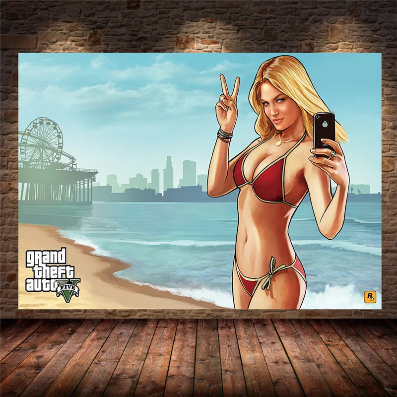 

Grand Theft Auto V Video Game GTA 5 Print Poster Wall Art Canvas Painting for Living Room solid wood hanging scroll Home Decor