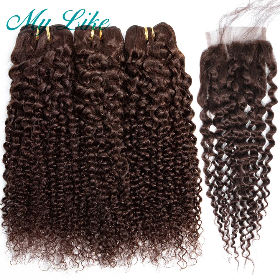 

My Like Burmese Hair 3 Bundles with Lace Closure #2 Dark Brown Non-remy Kinky Curly Weave Human Hair Bundles with Closure