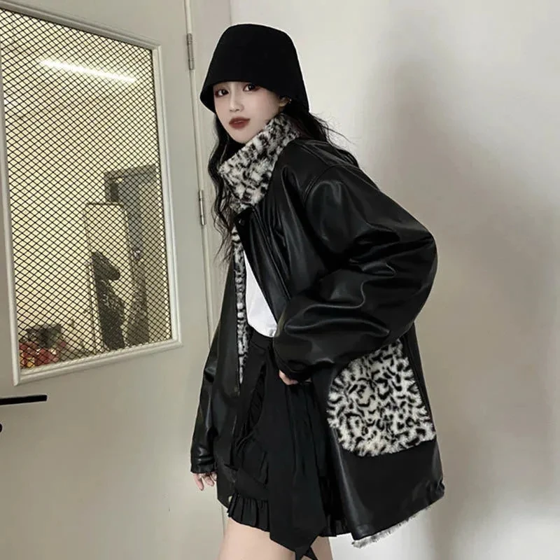 

Winter New PU Leather Women Jacket Leopard Print Thick Warm Faux Lamb Fur Lining Reversible Wear Loose Harajuku Snow Female Coat