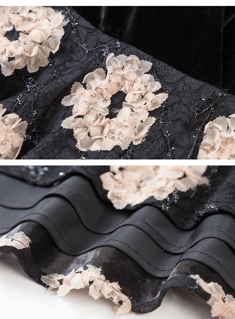 

Spring Summer Black Velvet Dress 3D Printing Lace Spliced Vintage Pleuche Maxi Vestidos