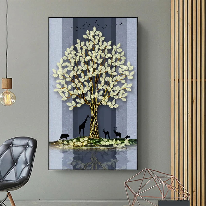 

Modern Abstract Animals, Plant Leaves, Printed Canvas Posters, Fortune Tree Elk Landscape Painting, Home Wall Art Decoration