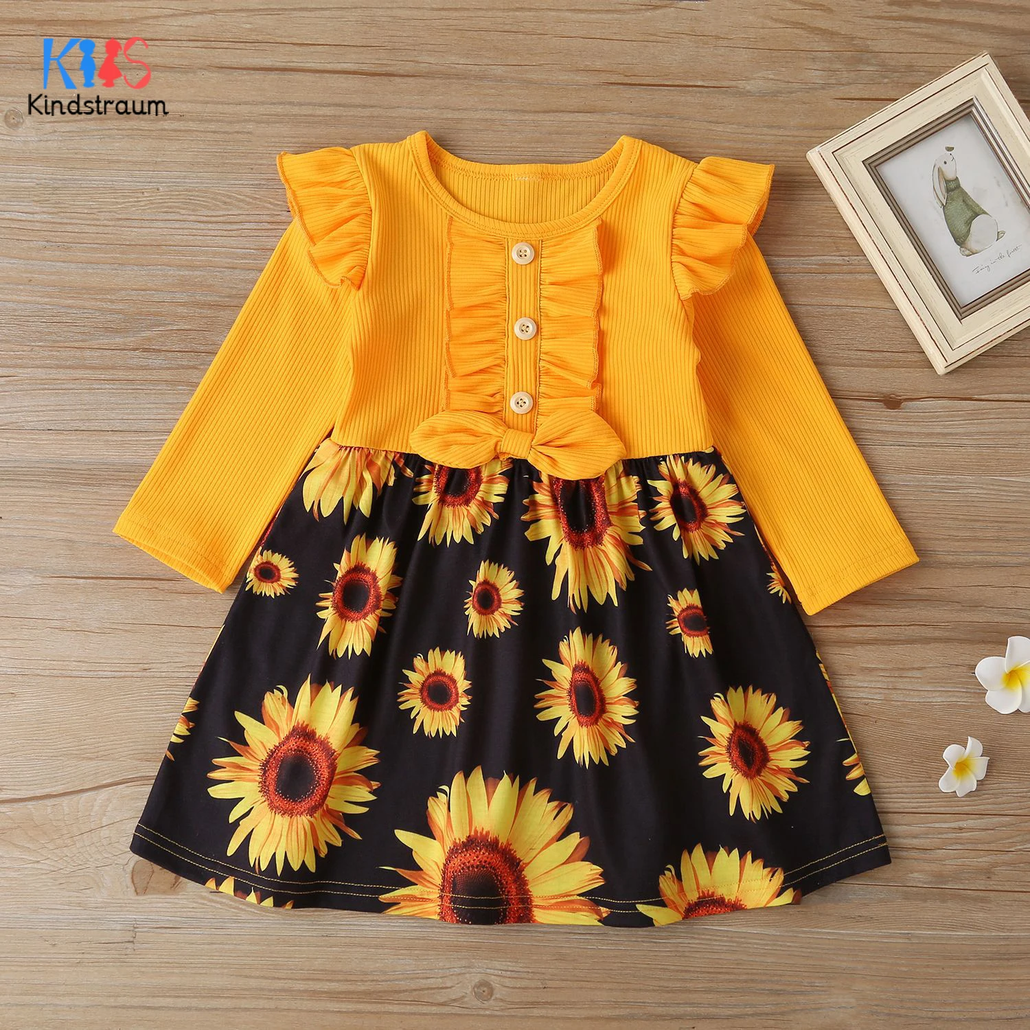 

Платье для девочек; Футболка с длинными рукавами для маленьких девочек; С изображением подсолнуха и бантом зимние платья; Хлопковая одежда ...