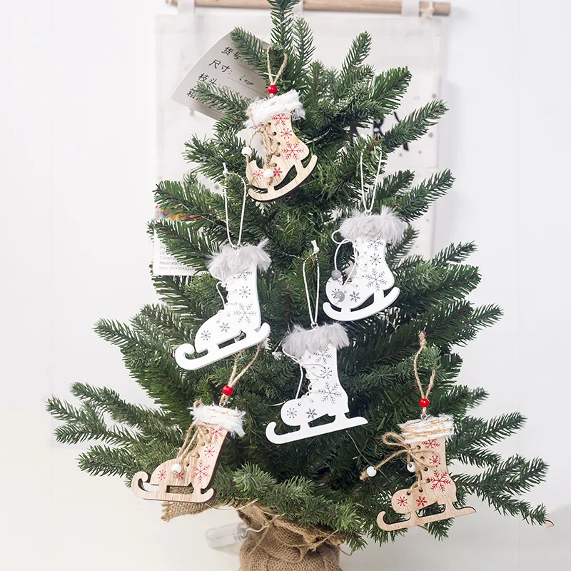 

3pcs Christmas Ornaments Wooden Snowflake Painted Printed Christmas Skates Hemp Rope Small Pendant Christmas Tree Decorations