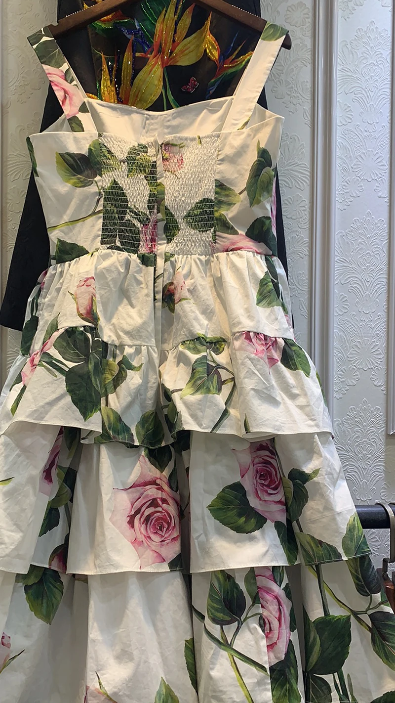 

Sanis Fashion Cotton dress Summer Women's Dress Spaghetti strap Backless Floral Print White Cotton Cascading Ruffle Dresses