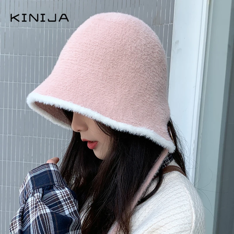 Корейская женская вязаная меховая бандажная Рыбацкая шапка зимняя плотная