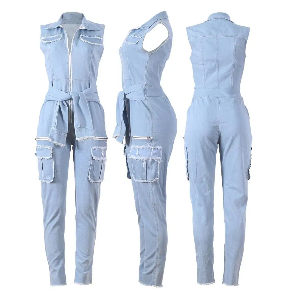 Летний сексуальный женский джинсовый комбинезон большого размера без рукавов на