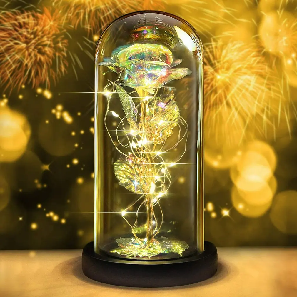 

Gold Foil Galaxy Rose Flower LED Light Artificial Flowers Immortal Flower In Glass Dome Mother Day Valentine Gift for Girls