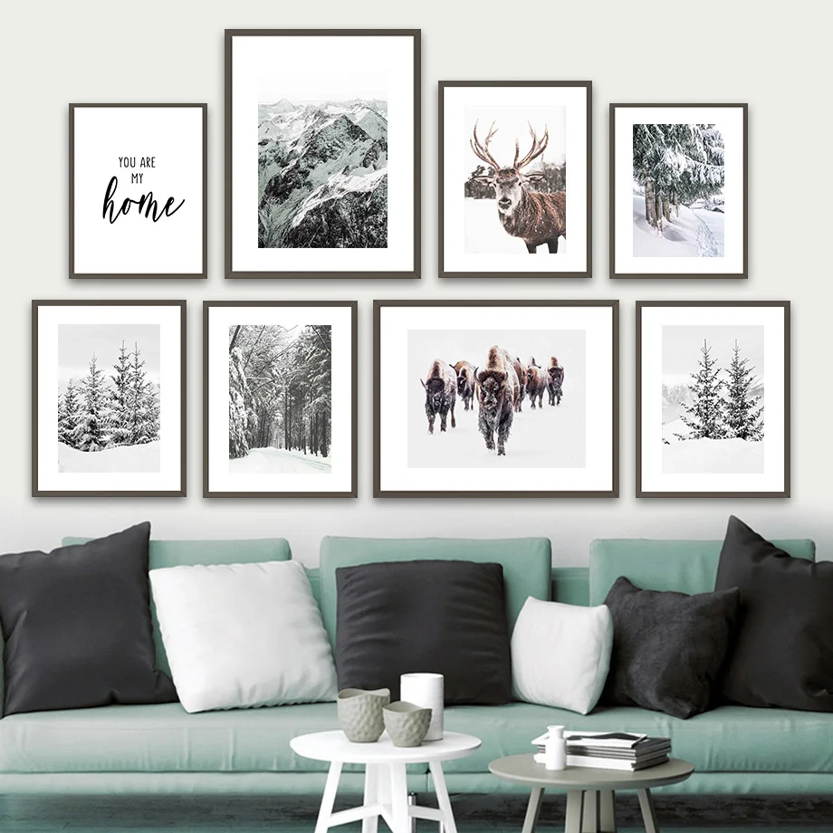 

Reindeer Pine Snow Mountain Cattle Forest Wall Art Canvas Painting Nordic Posters And Prints Wall Pictures For Living Room Decor