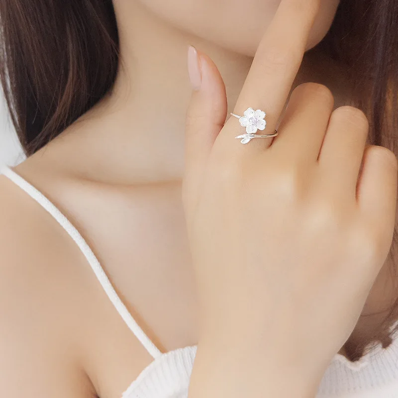 

New Silver 925 Cherry Blossoms Flower Rings for Women Vintage Open Antique Rings Statement Sterling Silver Jewelry Anillos