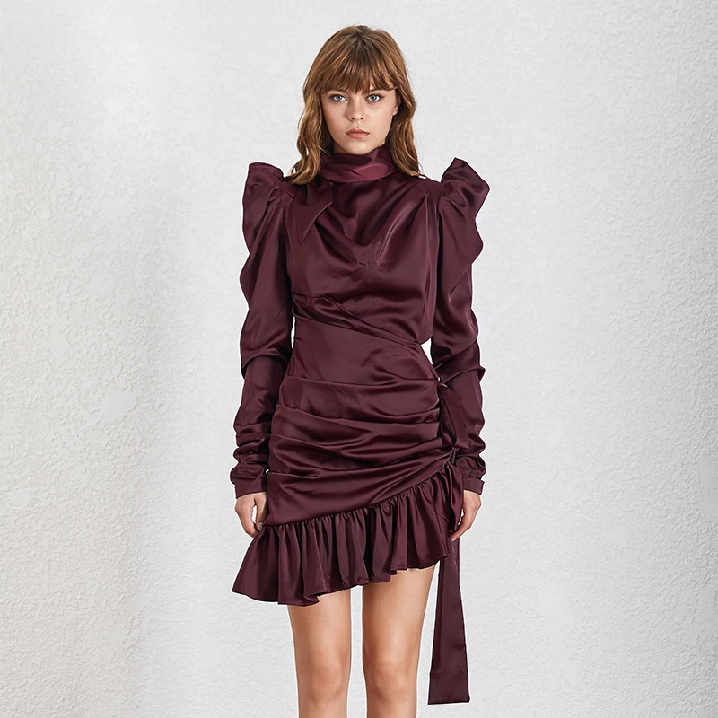 redwine dress TWOTWINSTYLE, асимметричные атласные платья с вырезами для женщин, с бантом, с пышными рукавами, с рюшами, вечернее платье для женщин, осень - Цвет: redwine dress