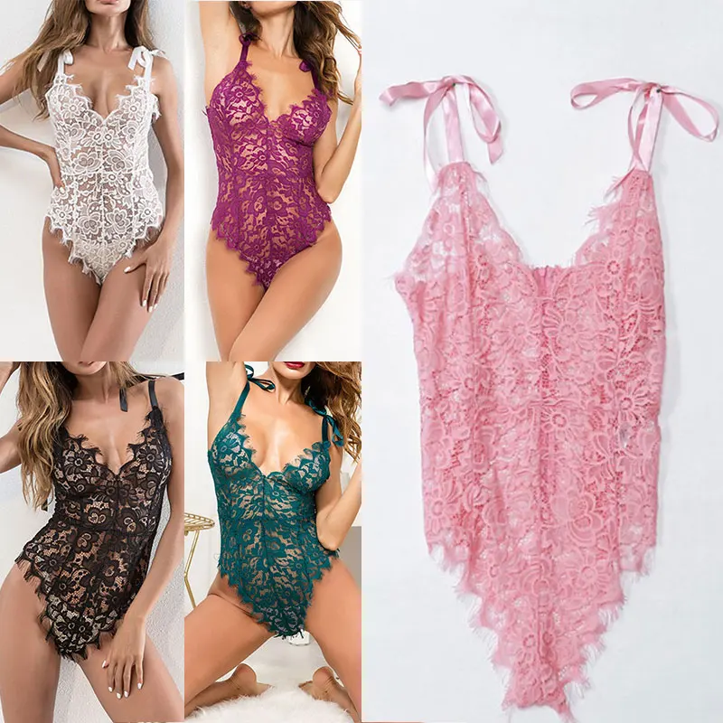 

Women Sexy Hollow Bodysuit Lingerie Bra Set Lace Perspective Deep V Hot Underwear One Piece Halter Open Sexy Lingerie Set
