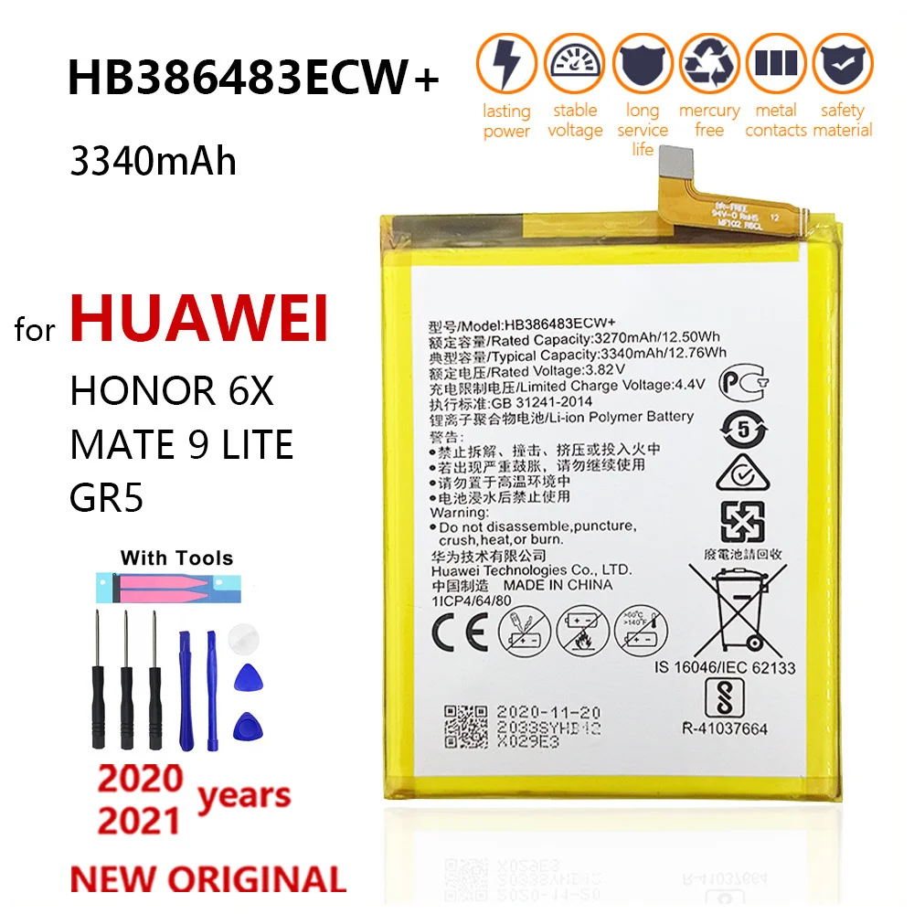 

100% Оригинальный аккумулятор HB386483ECW + 3340mAh Для Huawei Maimang 5 Honor 6X G9 плюс MLA-AL00 MLA-AL10 замена батареи