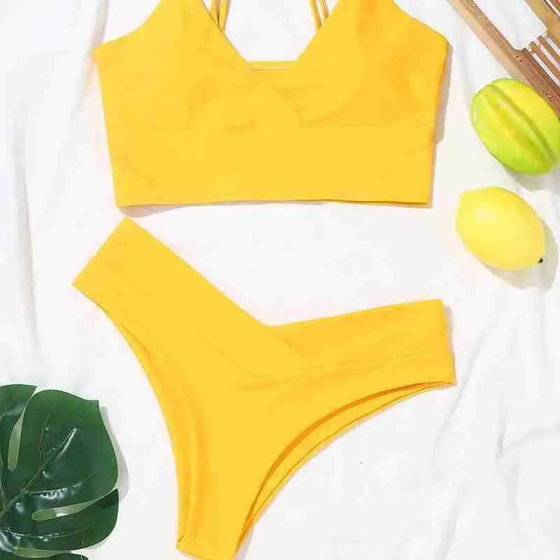 

High Waist Bikinis Swimsuits Women Push Up Swimwear Beachwear Bathing Suit Bikini Strap 2021 New Biquini Ribbed Brazilian W2P5