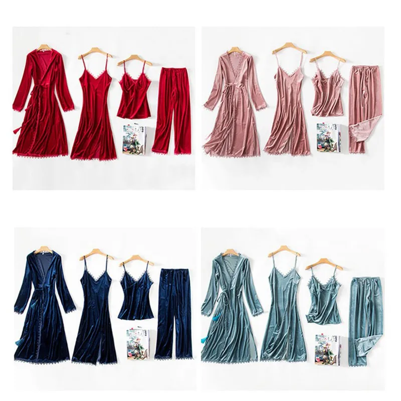 Новинка Женский бархатный пижамный комплект из 4 предметов зимняя теплая